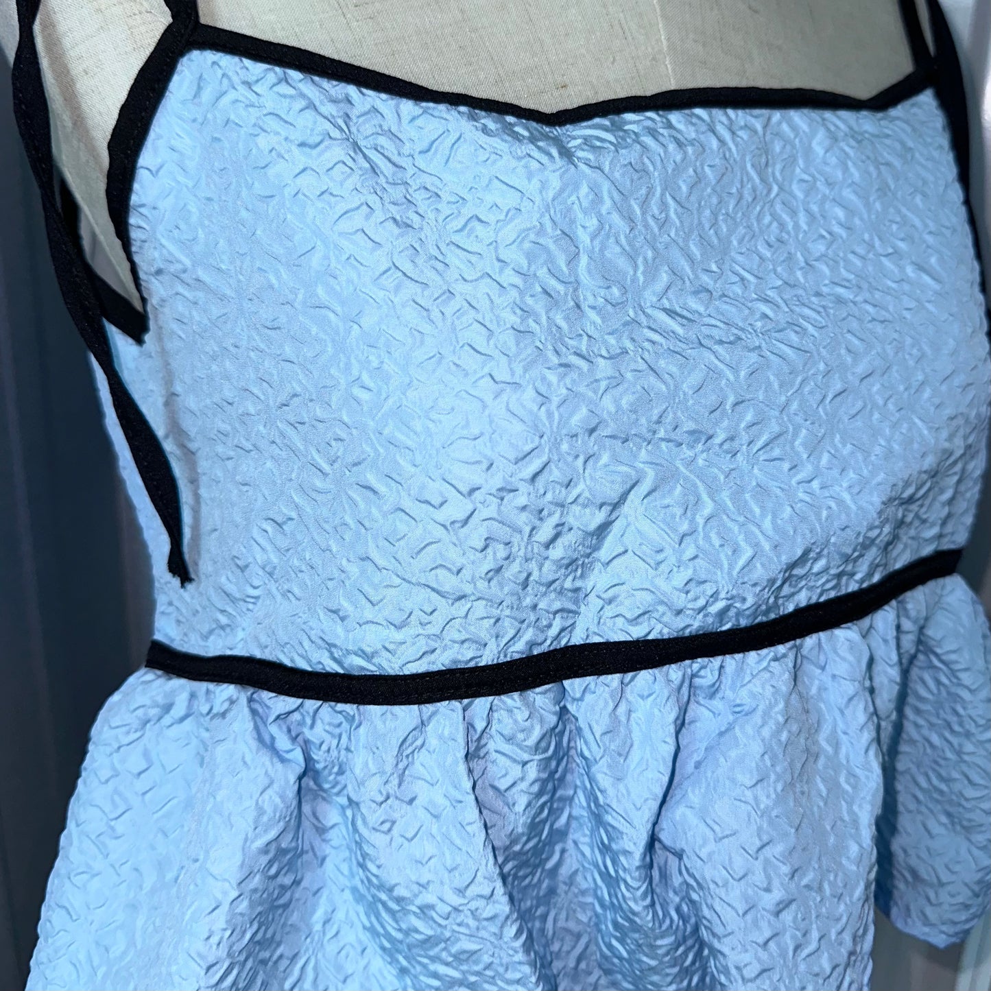 Blue Baby Doll Top with Black Trimmings