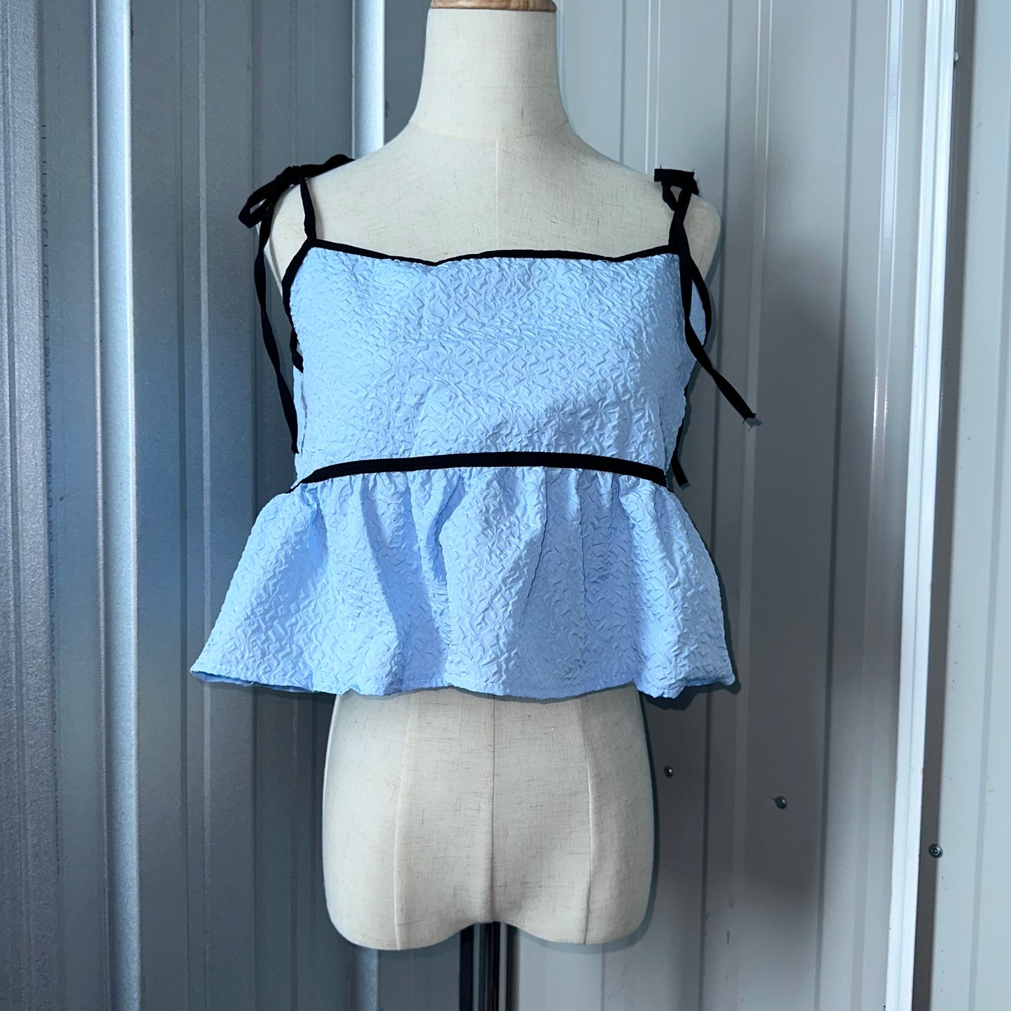 Blue Baby Doll Top with Black Trimmings