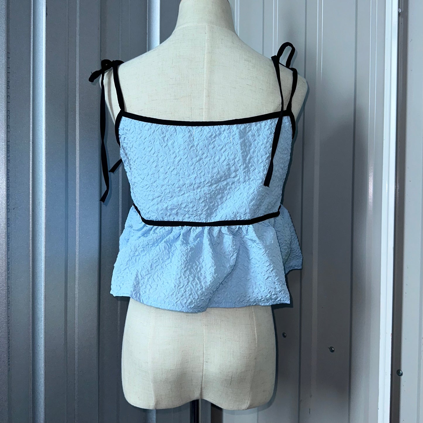 Blue Baby Doll Top with Black Trimmings