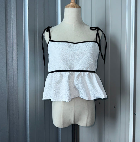 White Baby Doll Top with Black Trimmings