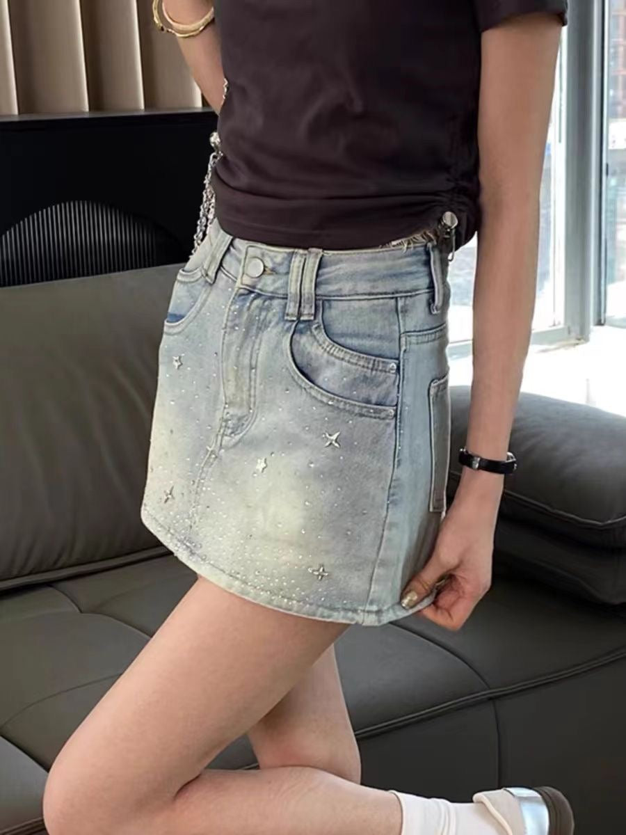 Denim Skorts with Rhinestone Embellishments